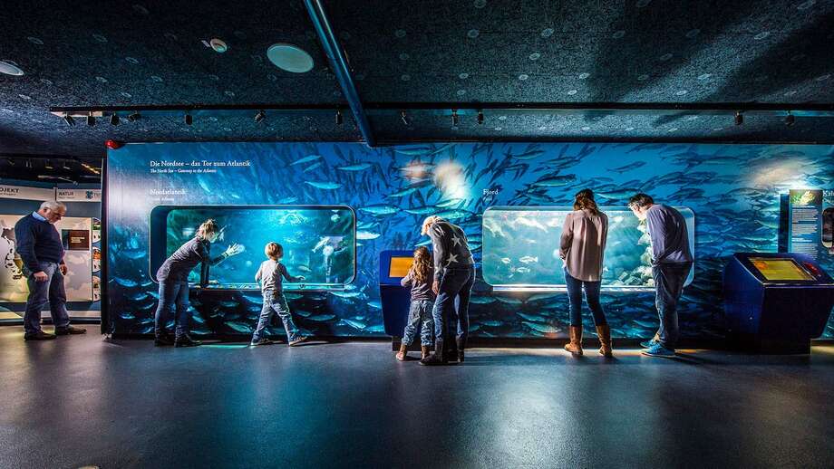 Familie vorm Nordsee-Aquarium im Multimar Wattforum