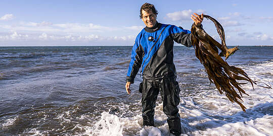 Ein Mann steht mit Taucheranzug am Meer und hält Algen in der Hand